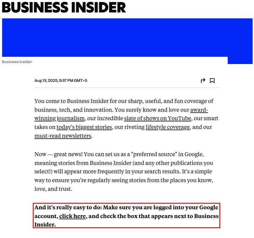 Business Insider incorporating Google Preferred Source news link in their article.