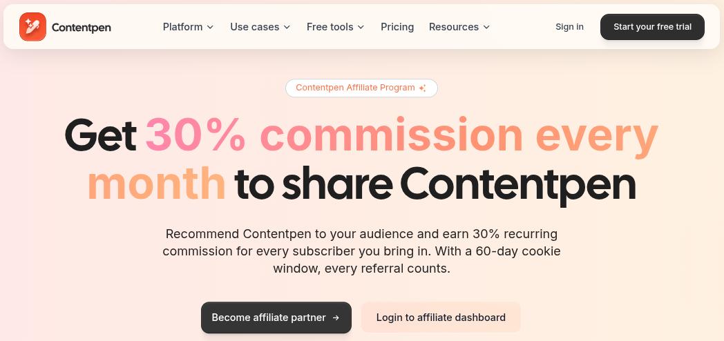 Contentpen's affiliate program landing page.