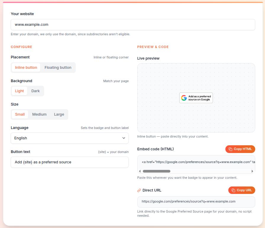 Contentpen's free Google Preferred Source button maker tool.