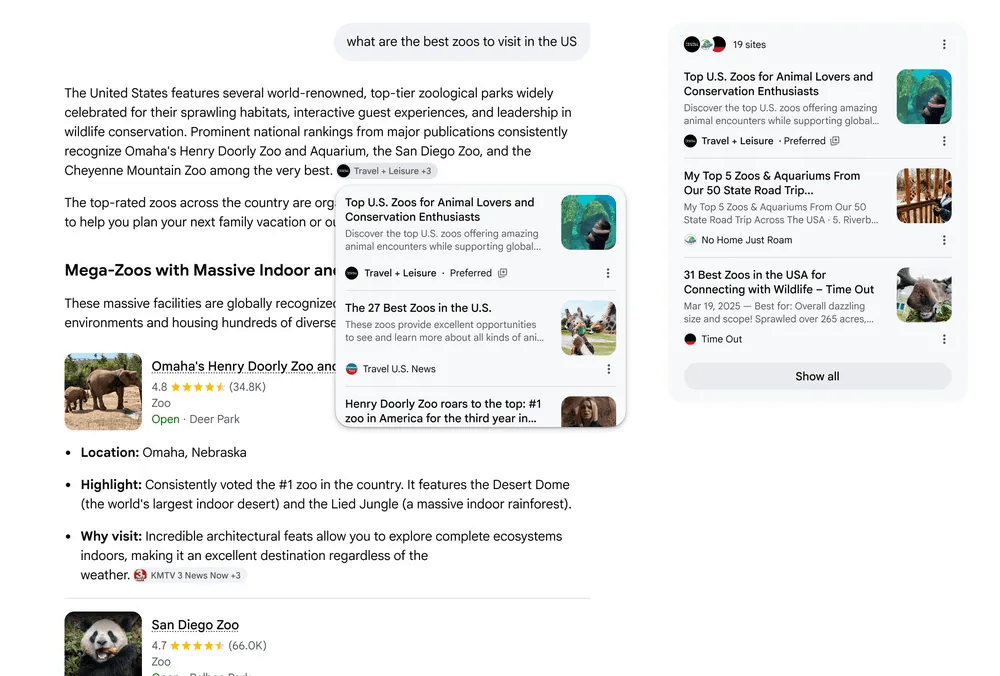 Google's zoo example, showing an AI Overview result with a 'Preferred' badge.