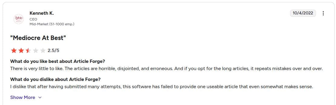 User discussing that the content generated from AF is not publish-ready.