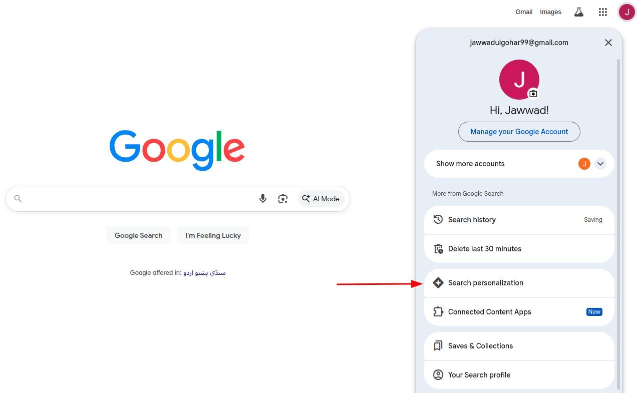 Search Personalization option - Google.com.