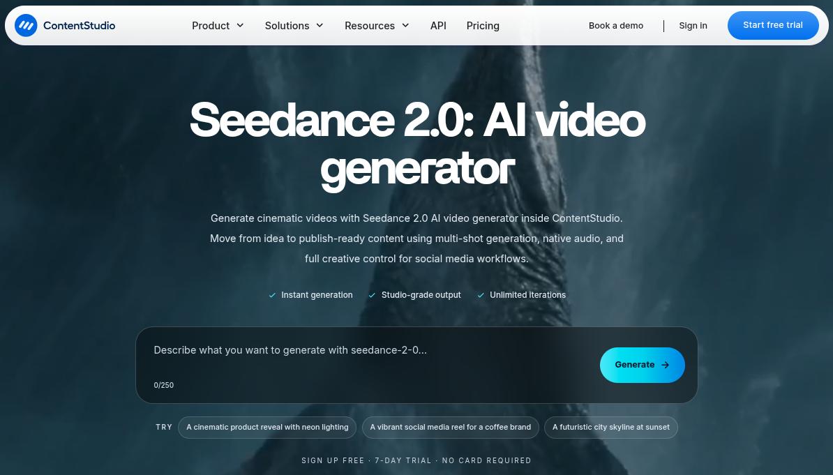 Seedance 2.0 ContentStudio landing page.