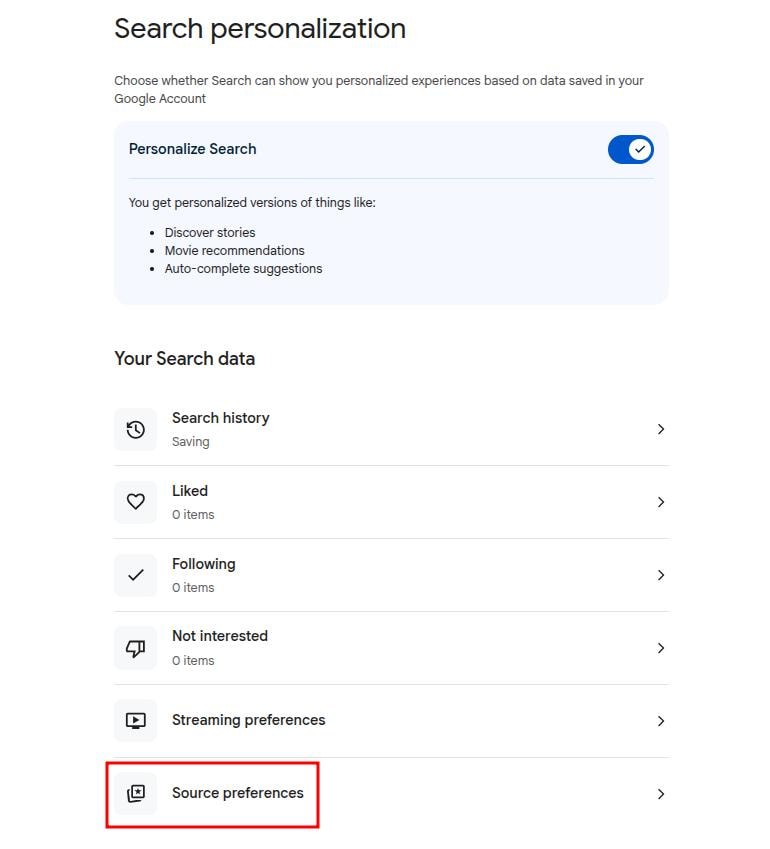 Source preferences option under 'Search personalization.'