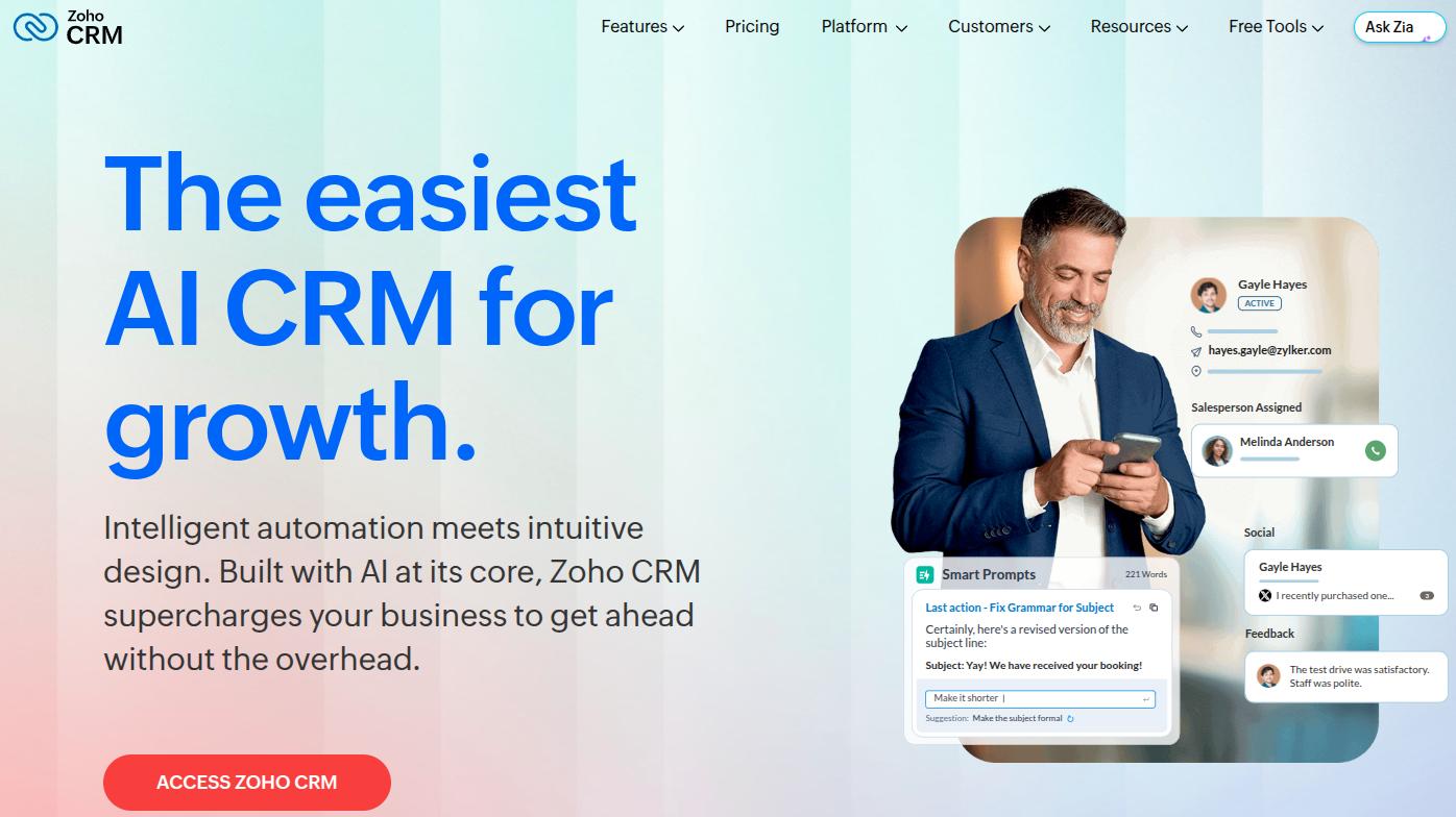 Zoho CRM landing page.