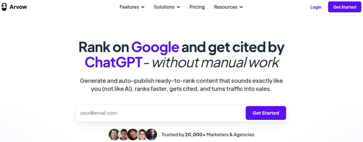 Arvow landing page.