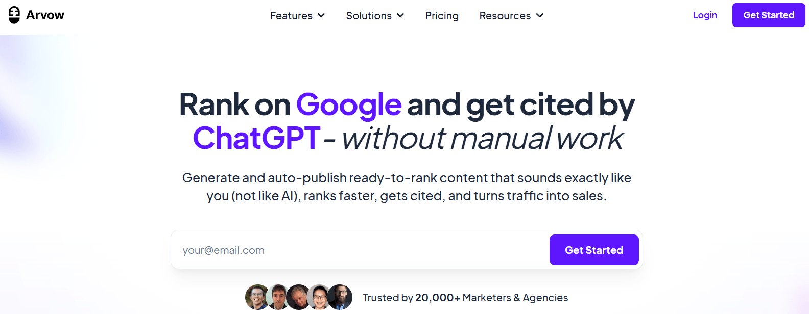 Arvow landing page.