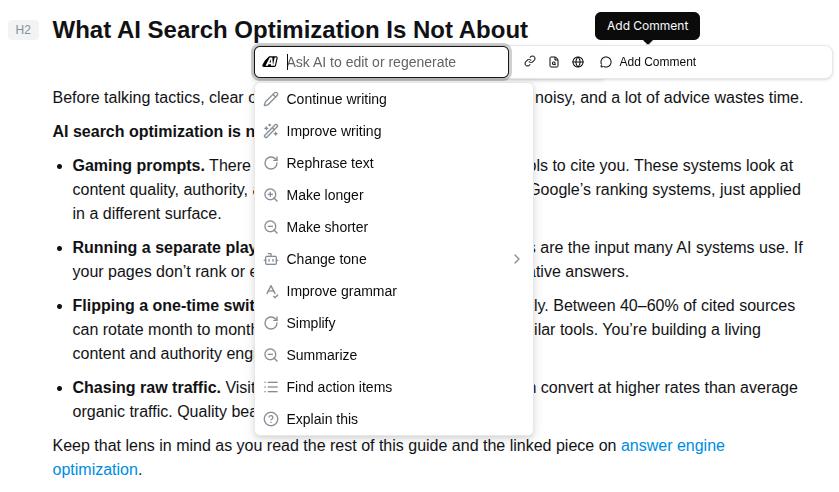 Ask AI assistant inside Contentpen to rewrite content.