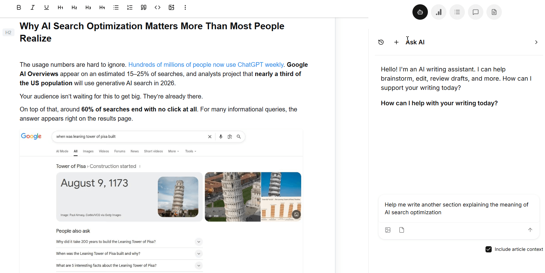 Ask AI assistant inside Contentpen interface.