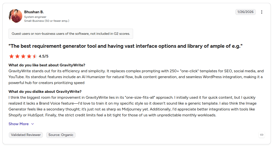 A reviewer on G2, talking about confusing pricing and no brand voice control problem in GravityWrite.