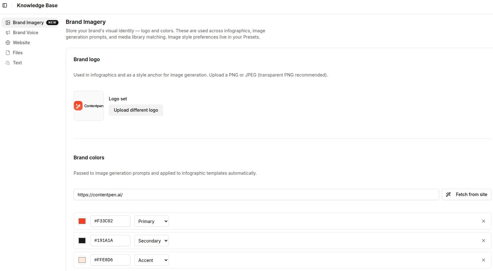 Brand imagery settings inside Contentpen.