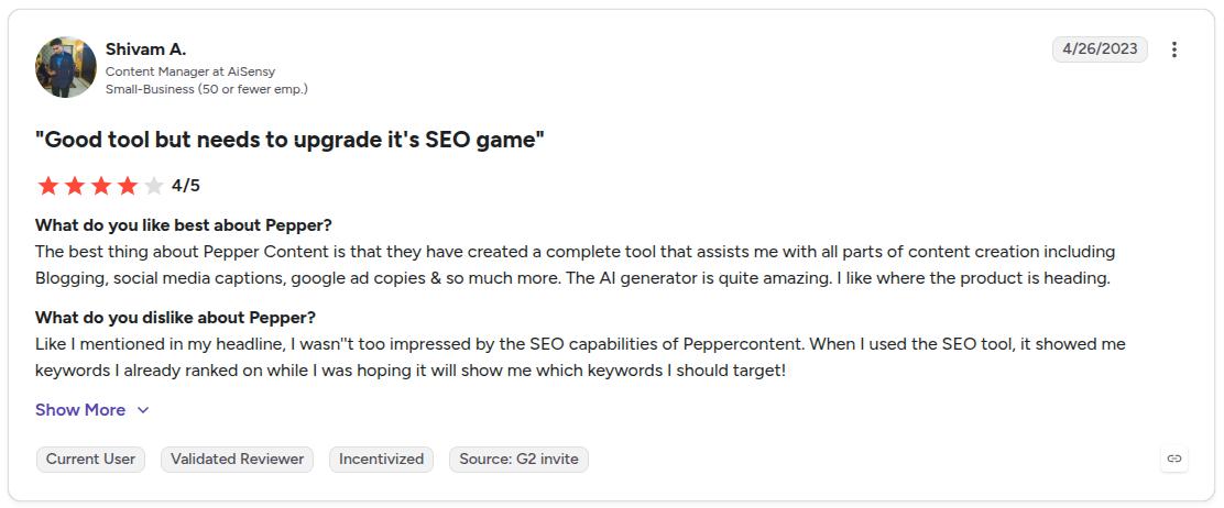 A G2 reviewer highlighting that the content generated by Pepper isn't SEO-optimized properly.
