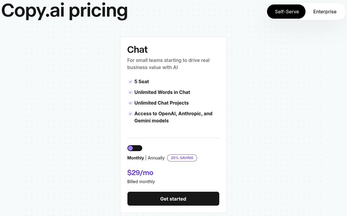 Copy.ai monthly pricing.