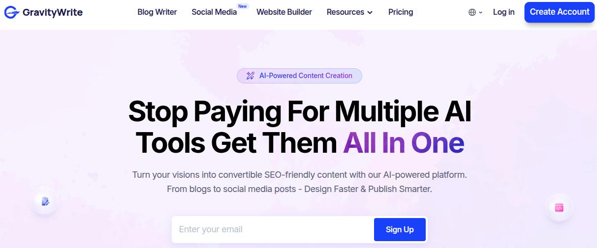 GravityWrite main landing page.