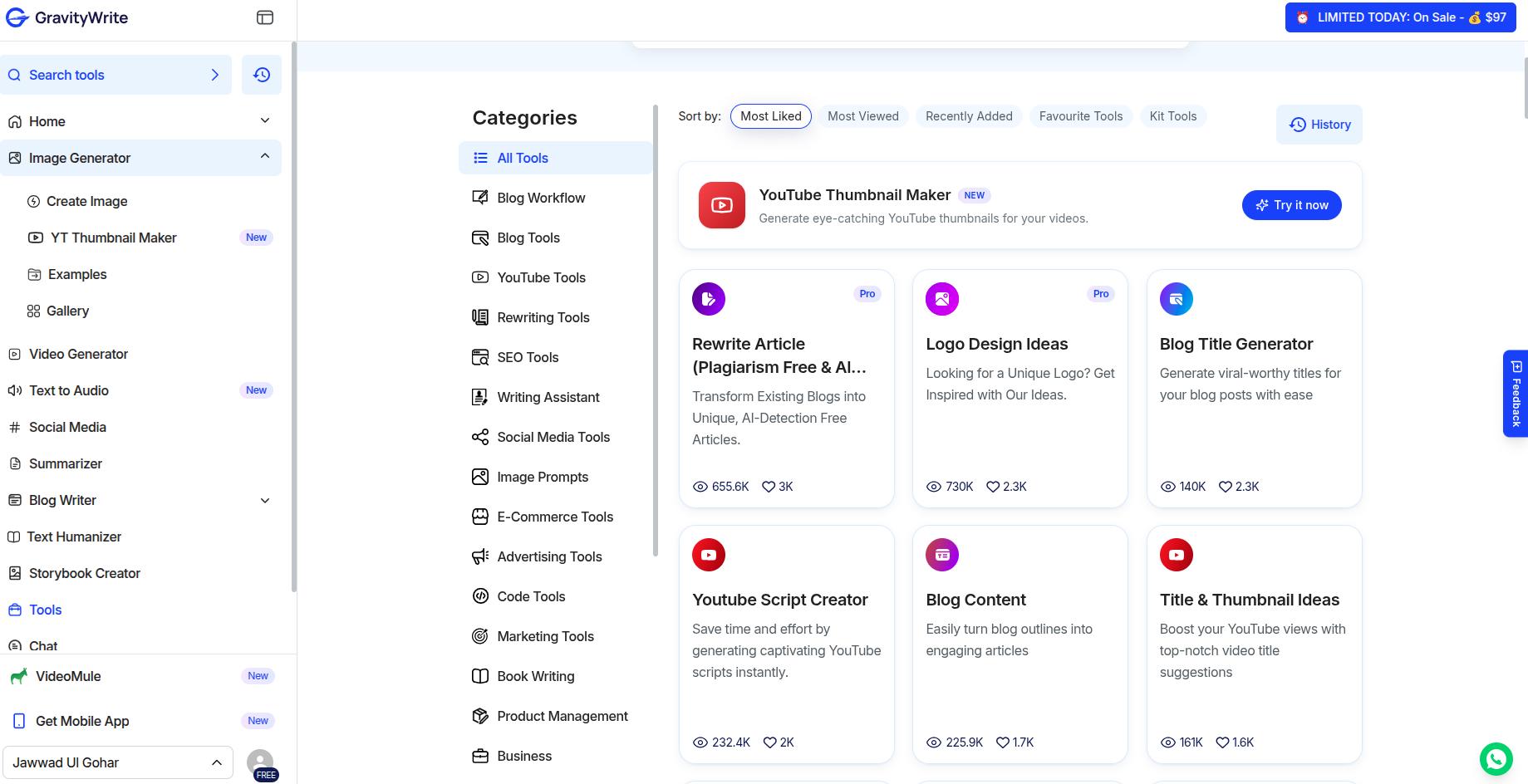 GravityWrite all tools main interface.
