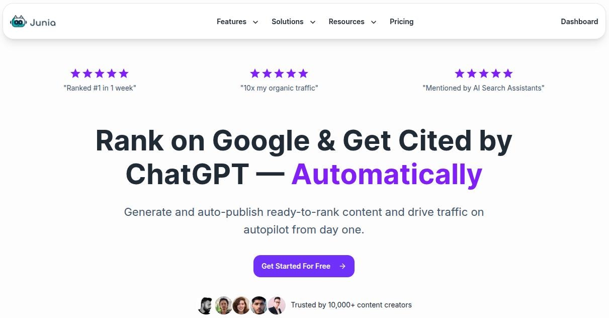 Junia AI landing page.