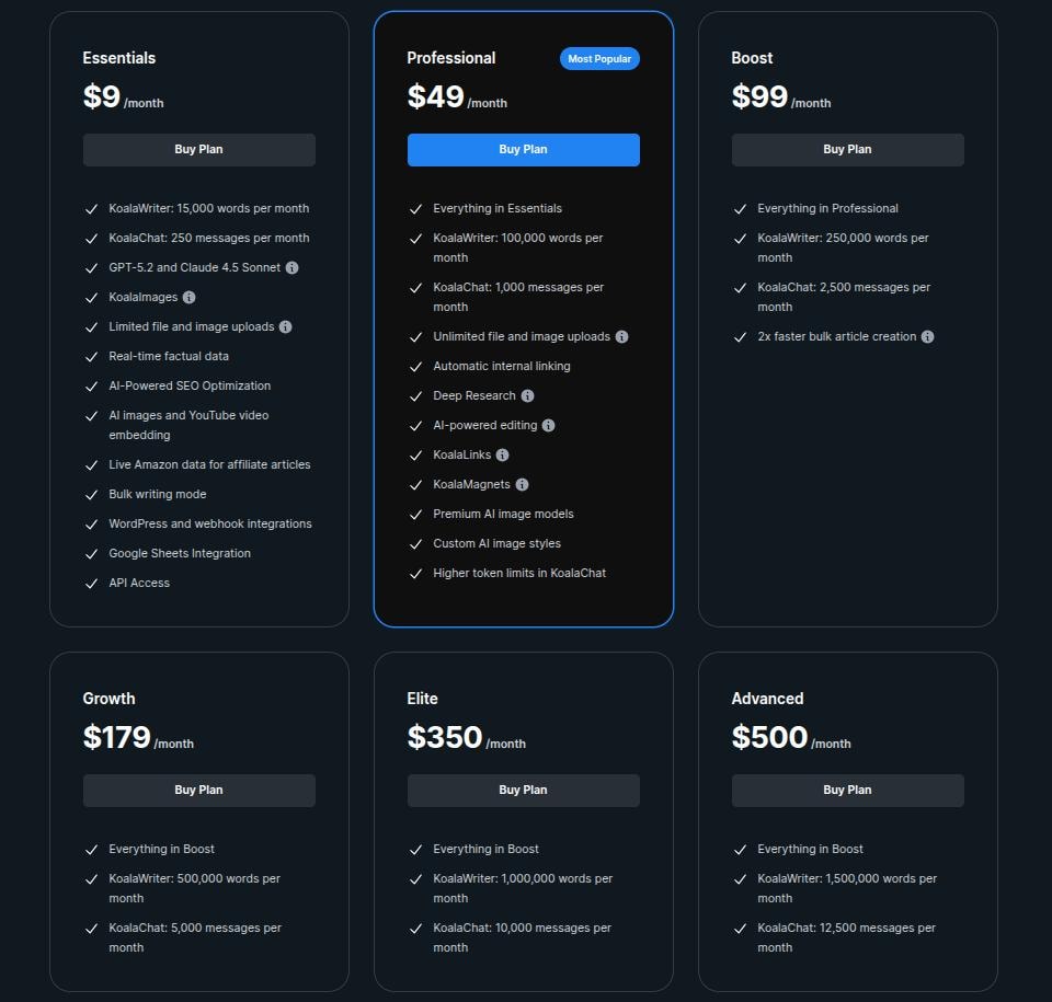 Koala.sh pricing details.