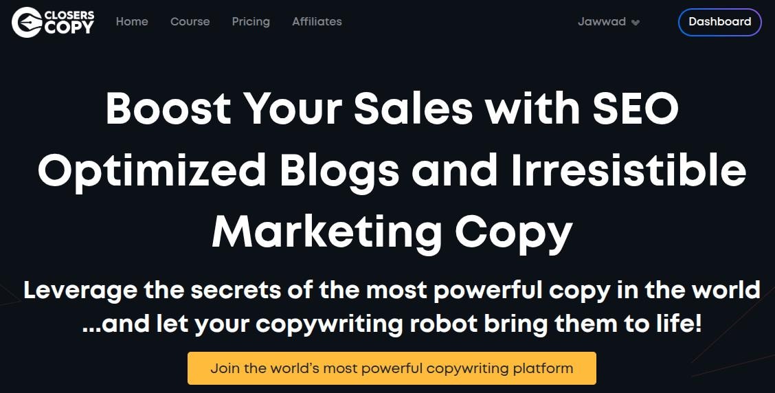 ClosersCopy landing page.
