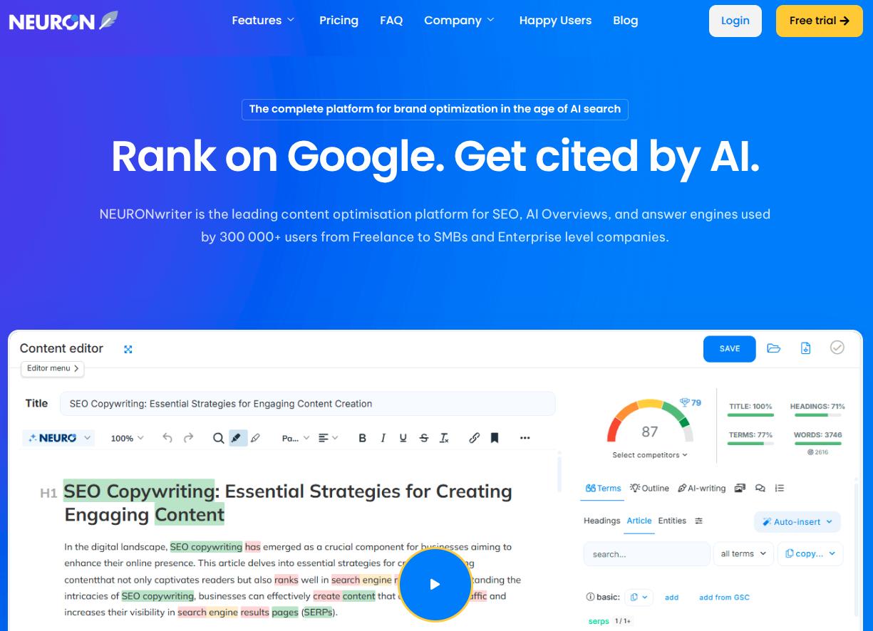 NEURONwriter landing page.