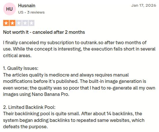 Outrank review on Trustpilot, highlighting the content quality and limited backlink pool issue.