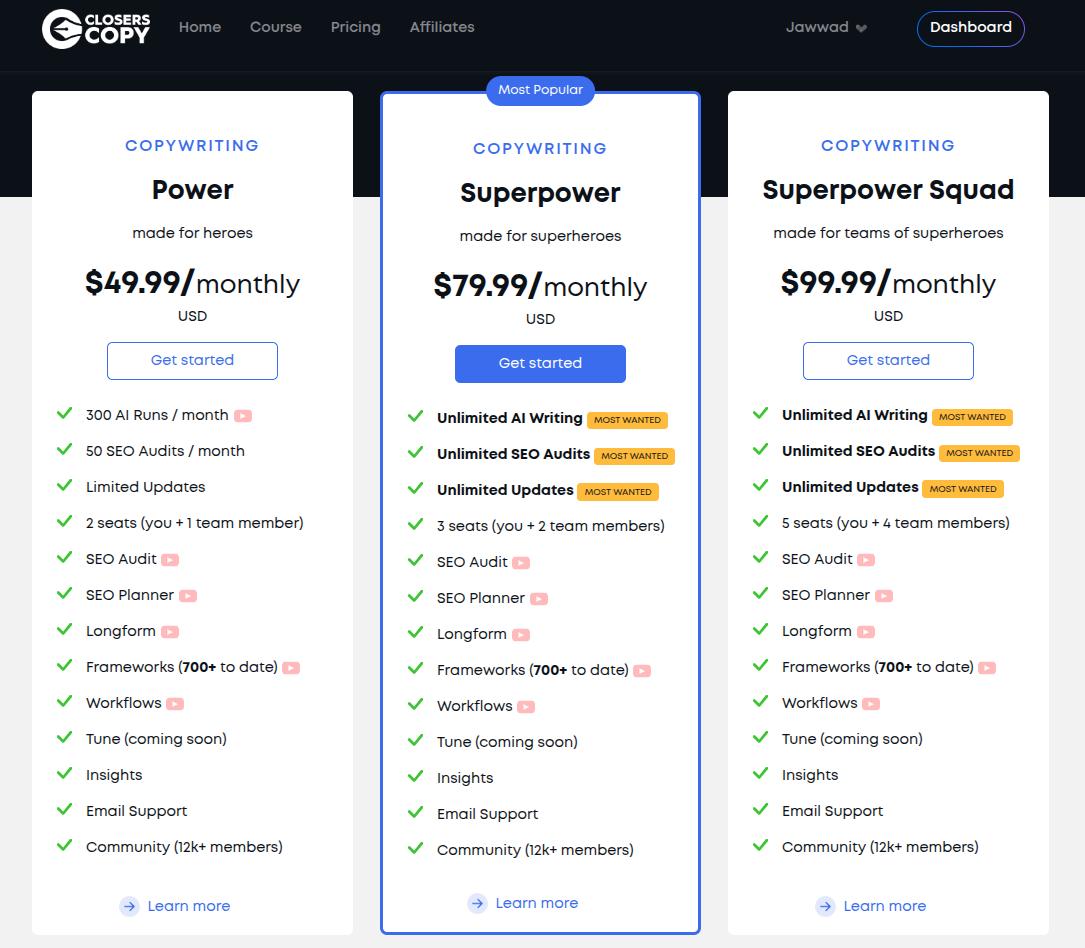 ClosersCopy pricing details.