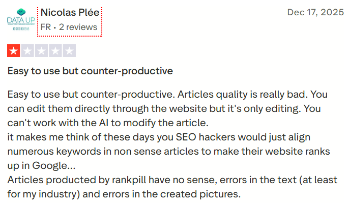 Trustpilot user review highlighting low content quality generated by RankPill.