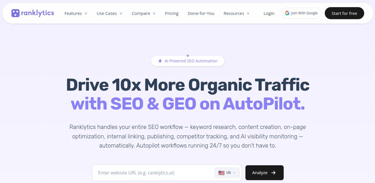 Ranklytics landing page.