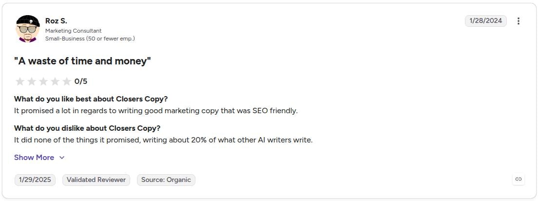 ClosersCopy user review sharing the shortcomings of the platform for marketing and SEO tasks.