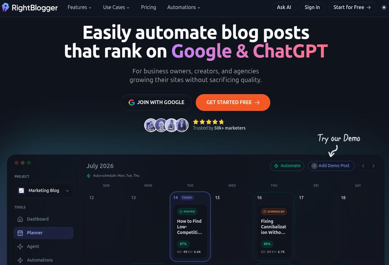RightBlogger landing page.