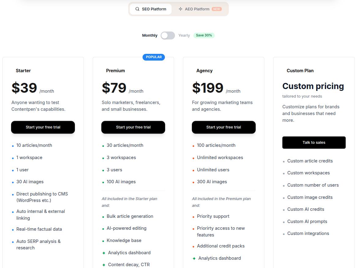 SEO platform pricing - Contentpen.ai.
