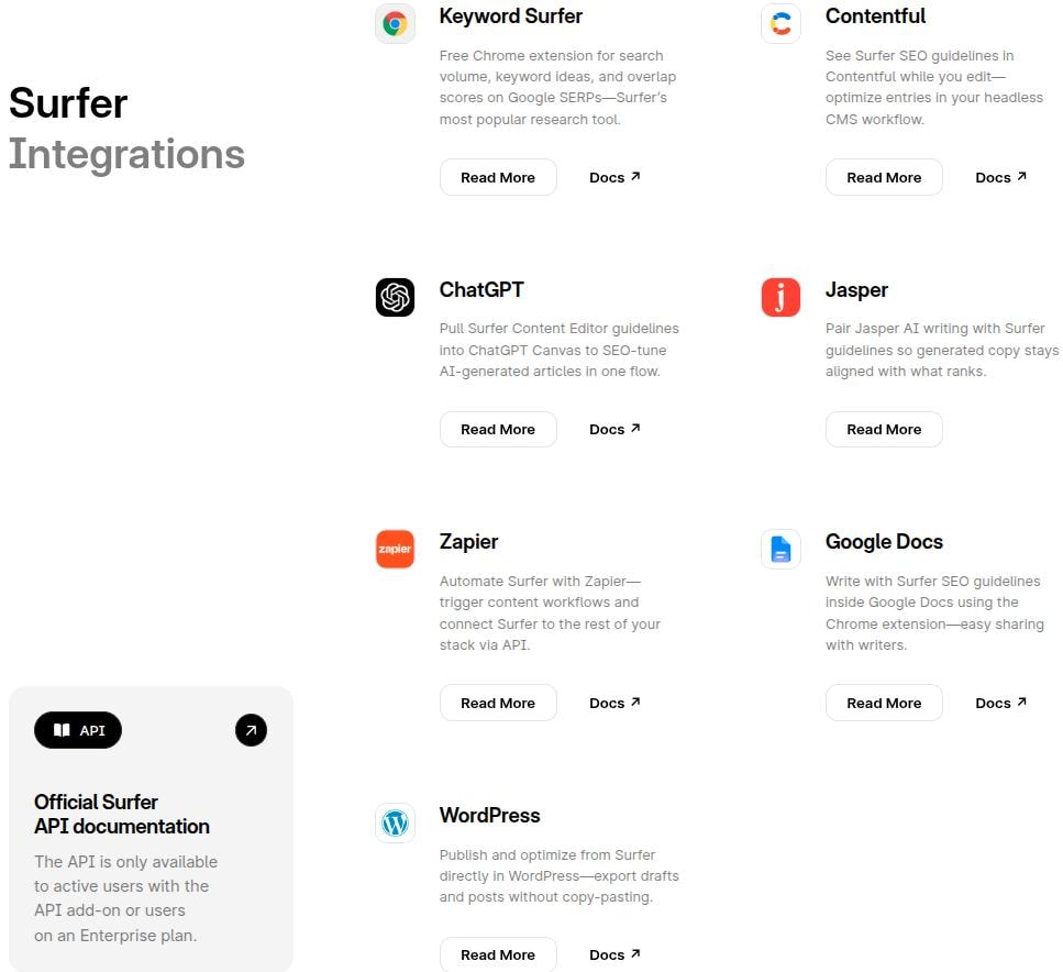 Surfer AI integrations.