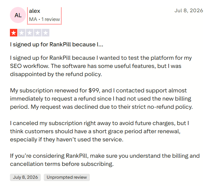 Trustpilot user review for RankPill highlighting billing issues.