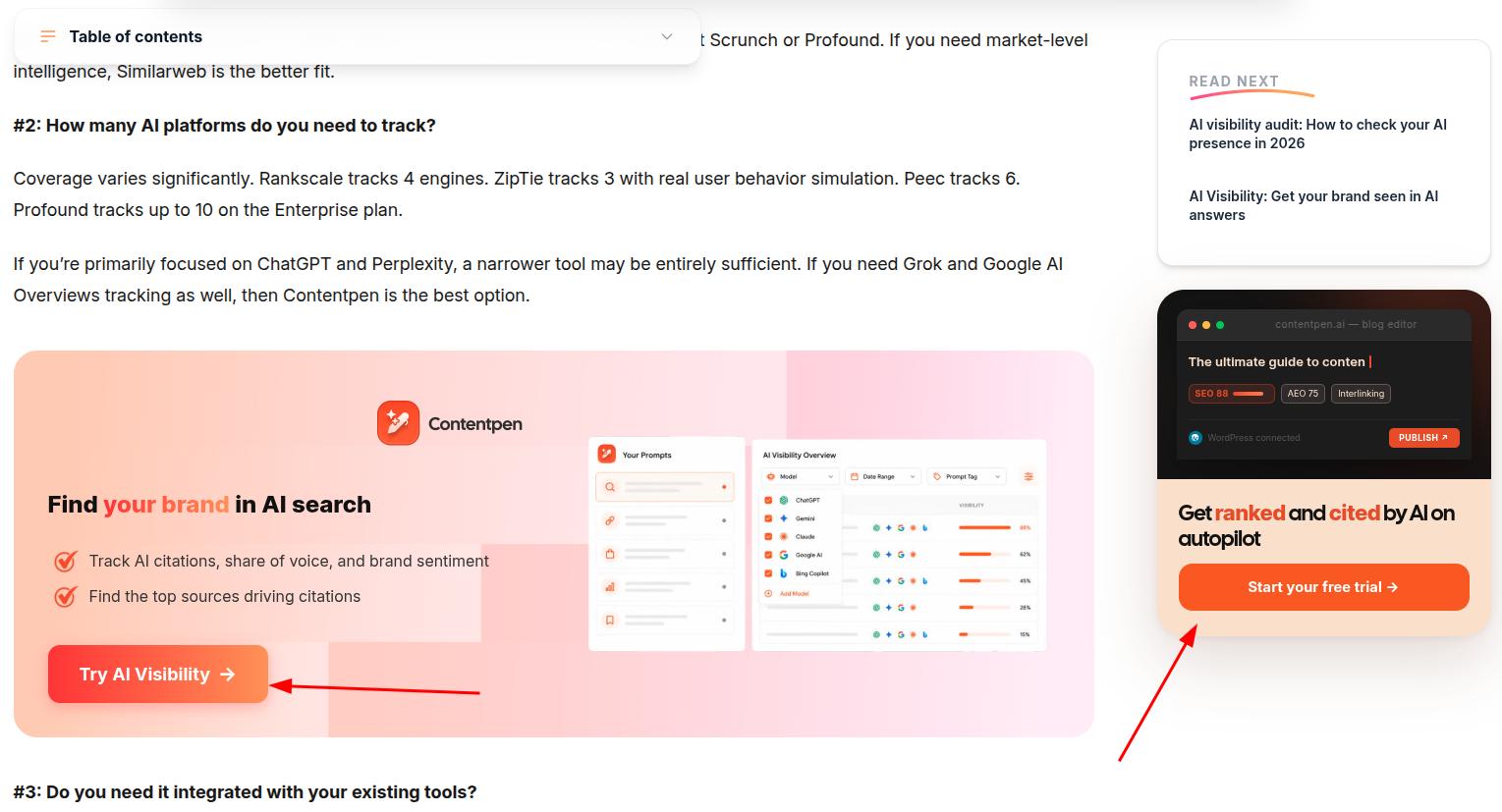 AI visibility blog example from Contentpen.ai, showing CTA buttons for CRO.
