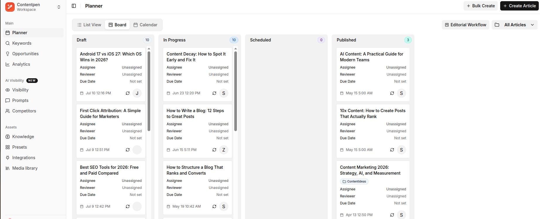Contentpen interface for content calendar.