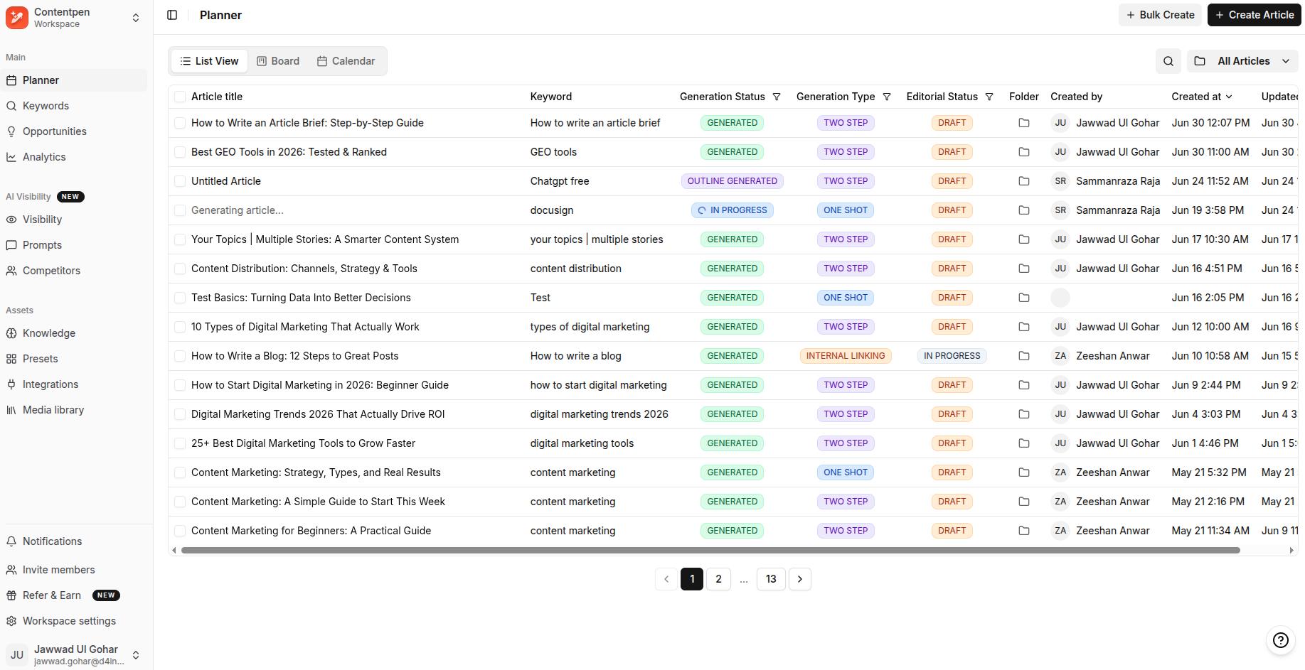 Content planner screen - Contentpen.ai.