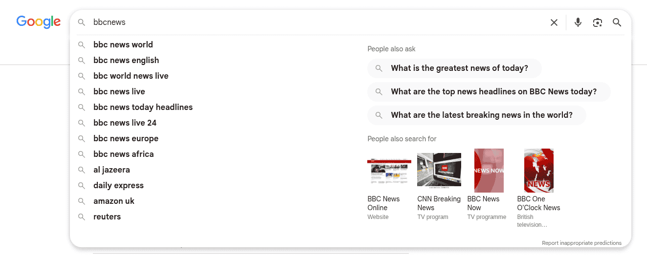 Google search for the term 'bbc news.'