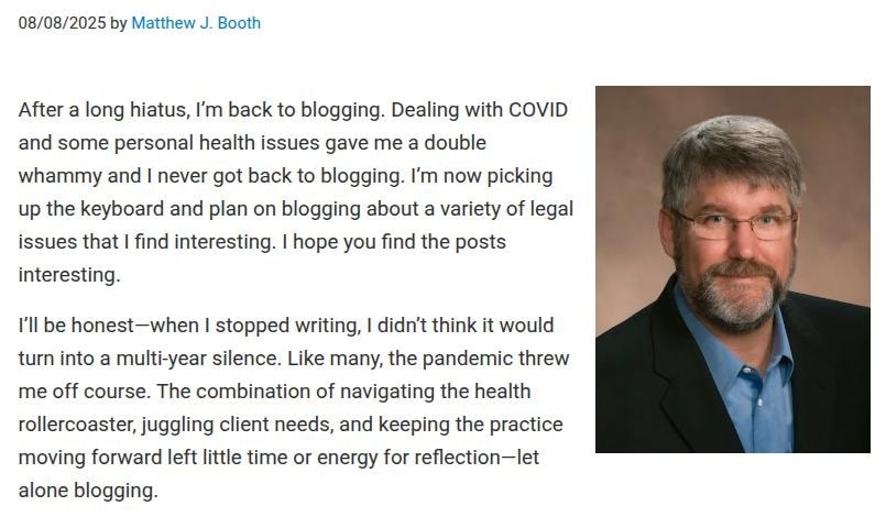 Mathhew J. Booth's reintroduction post after a long break from blogging.