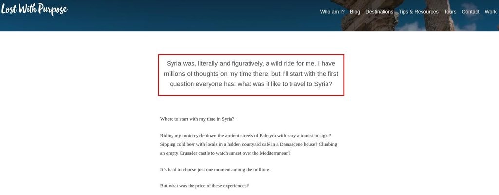 Lost with Purpose travel blog example.