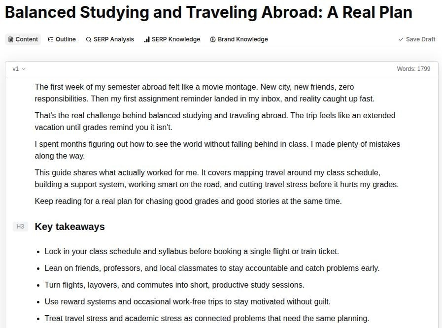 Balanced studying and travelling abroad blog example generated with Contentpen.
