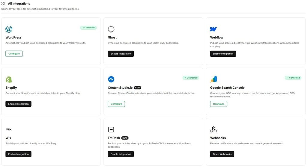 All integrations, including webhooks inside Contentpen.