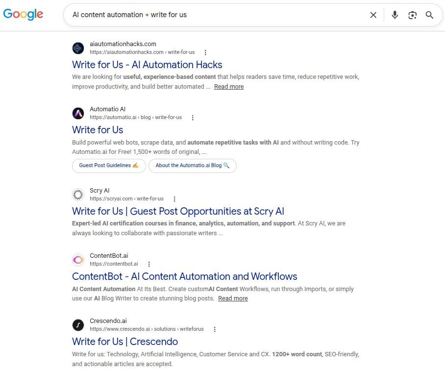 Searching for guest posting sites with the search operator on Google.