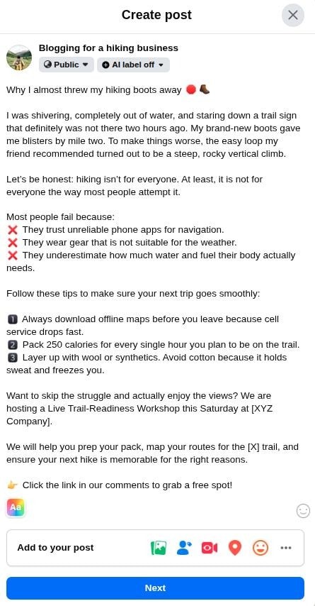 Finalized post on Facebook for 'hiking failures.'