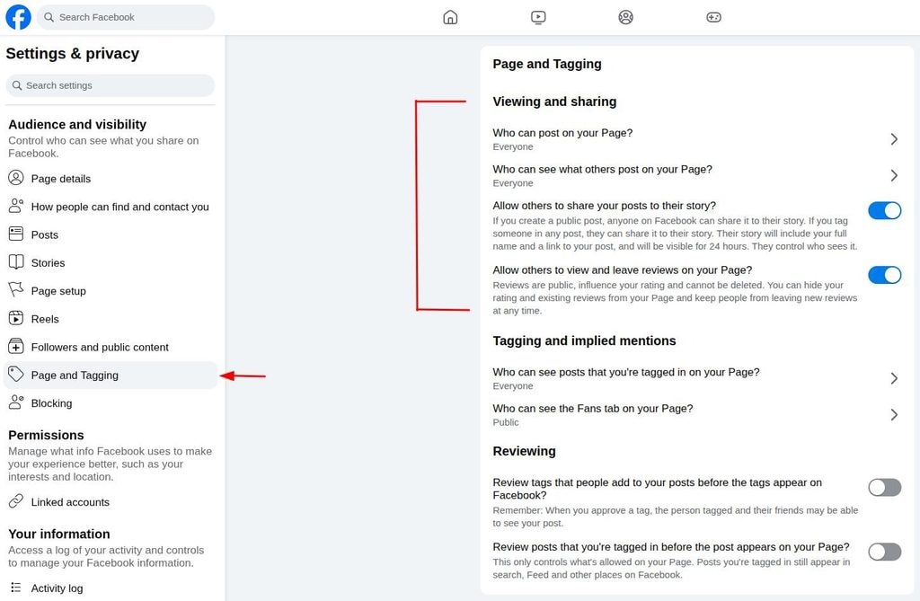 Facebook Page and Tagging settings.