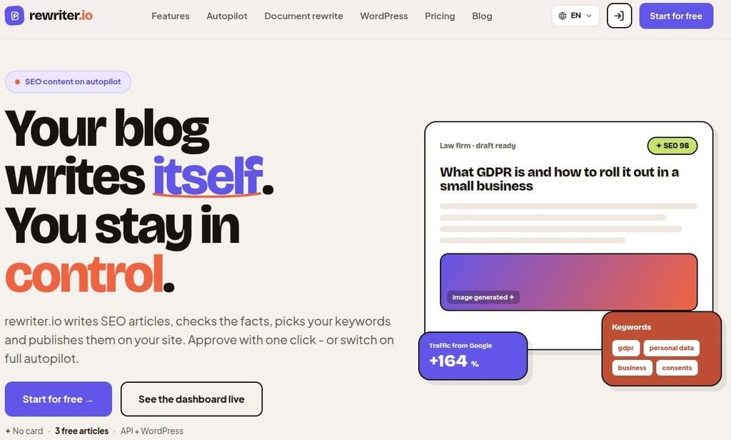 Rewriter.io landing page.