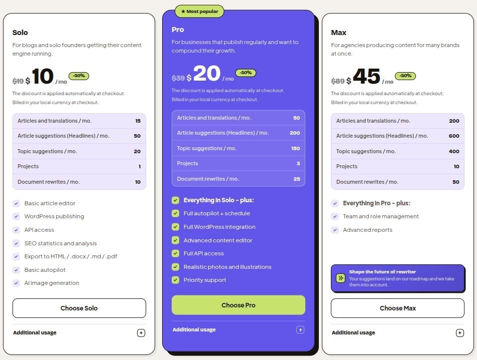 Rewriter.io pricing details.