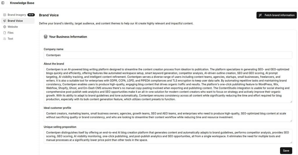 Brand voice settings inside Contentpen.ai.