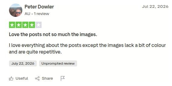 User review for Soro AI discussing that the images generated by the tool lack color.